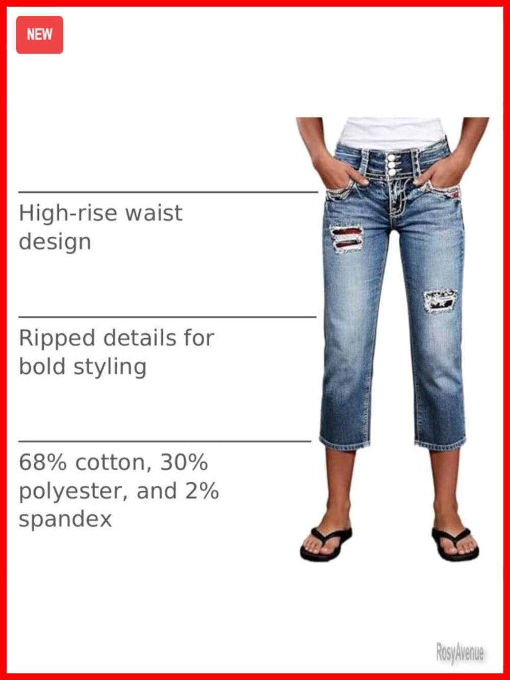 Straight Leg High Rise Capri Star Embroidered Ripped Jeans - Picture 3 of 4